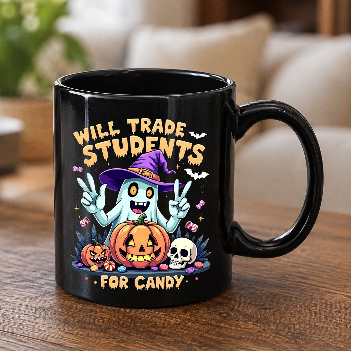 Will Trade Students for Candy teacher humor Black Mug Black product mockup