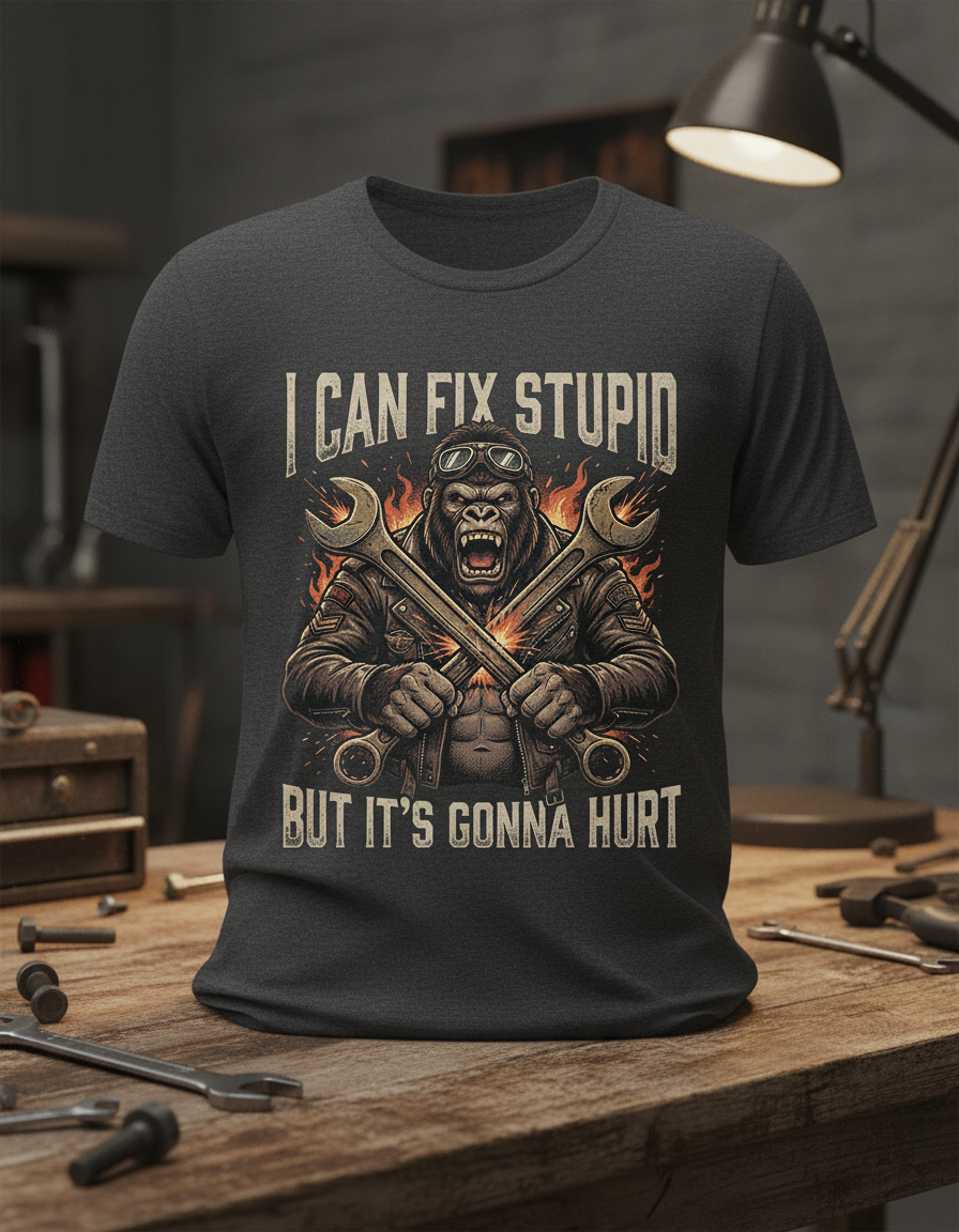I Can Fix Stupid Gorilla Mechanic Biker Design T-Shirt - Dark Heather