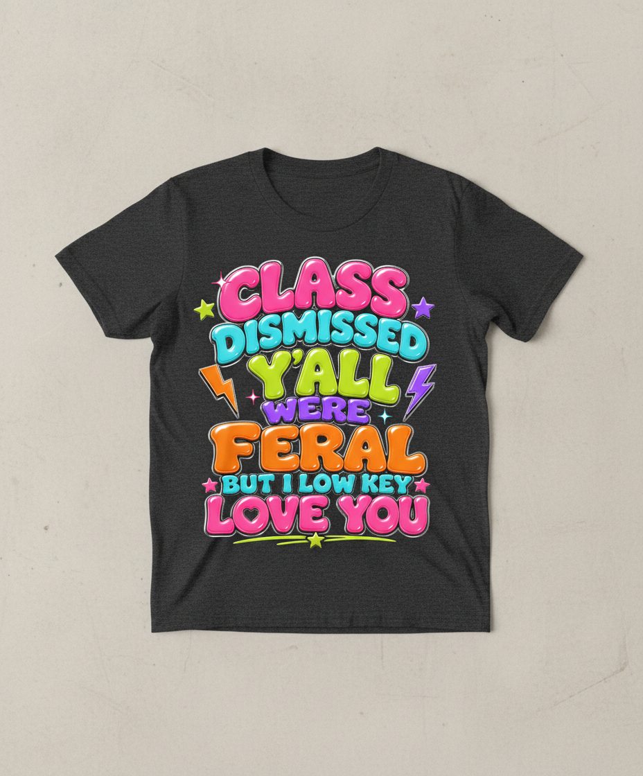 Class Dismissed Y'all Were Feral but I Low Key Love You T-Shirt - product mockup - Dark Heather