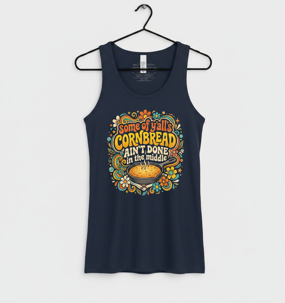 Funny Southern Saying 'Cornbread Ain't Done' Retro 70s Design Tank Top - Navy