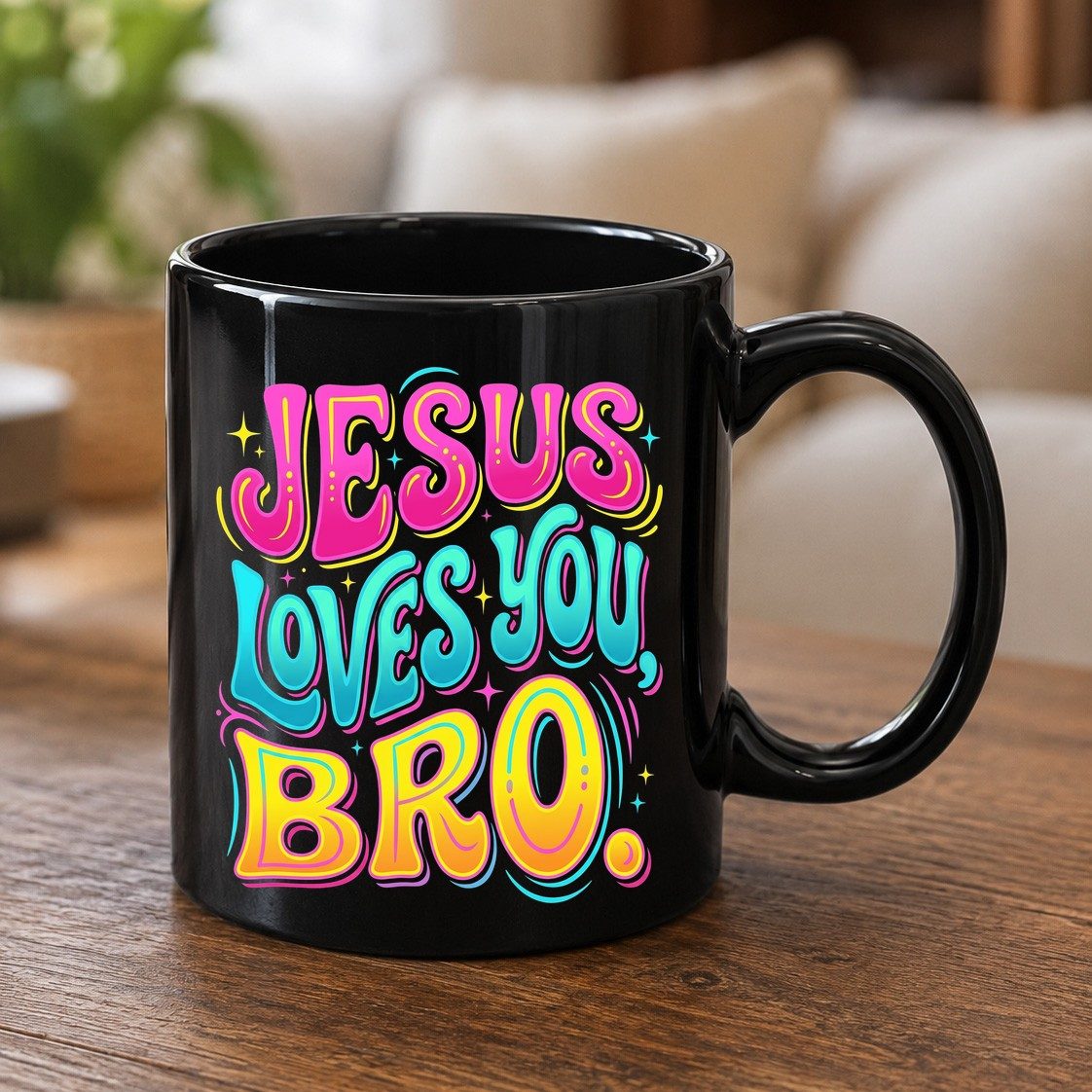 JESUS LOVES YOU BRO Retro Christian Black Mug - product mockup - Black