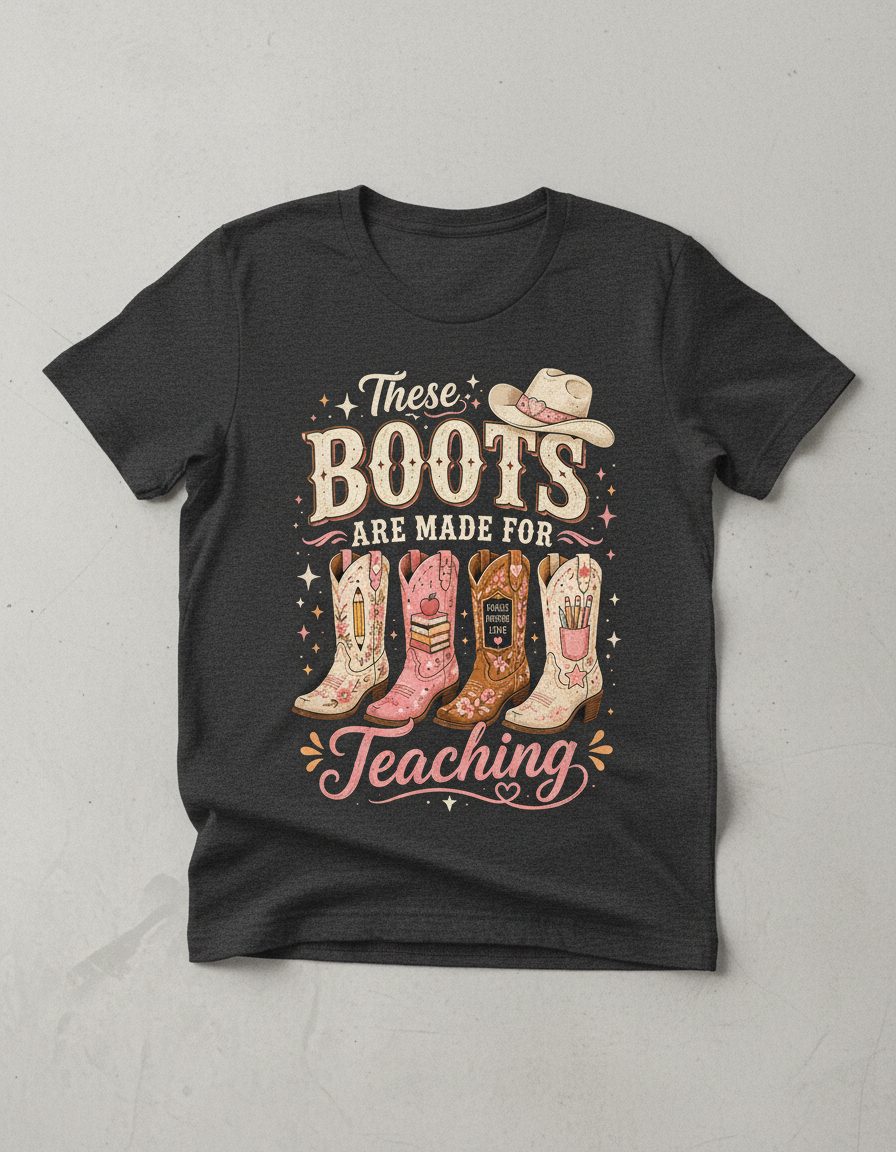 These Boots Are Made for Teaching Teacher T-Shirt - product mockup - Dark Heather