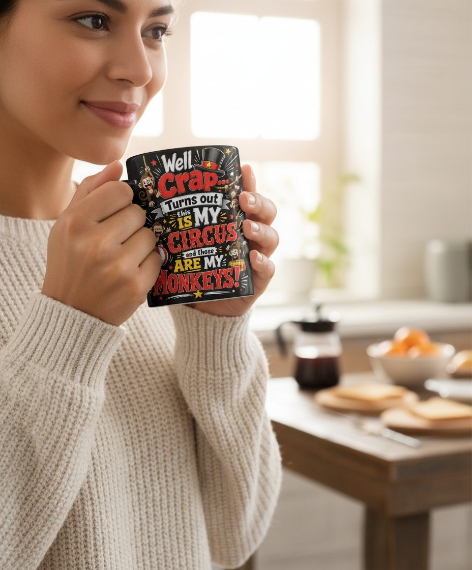 Well Crap Turns Out This IS MY CIRCUS and Those ARE MY Black Mug - lifestyle model mockup - Black