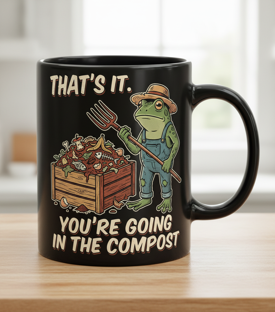 That's It You're Going In The Compost Frog Farmer Meme Black Mug - Black