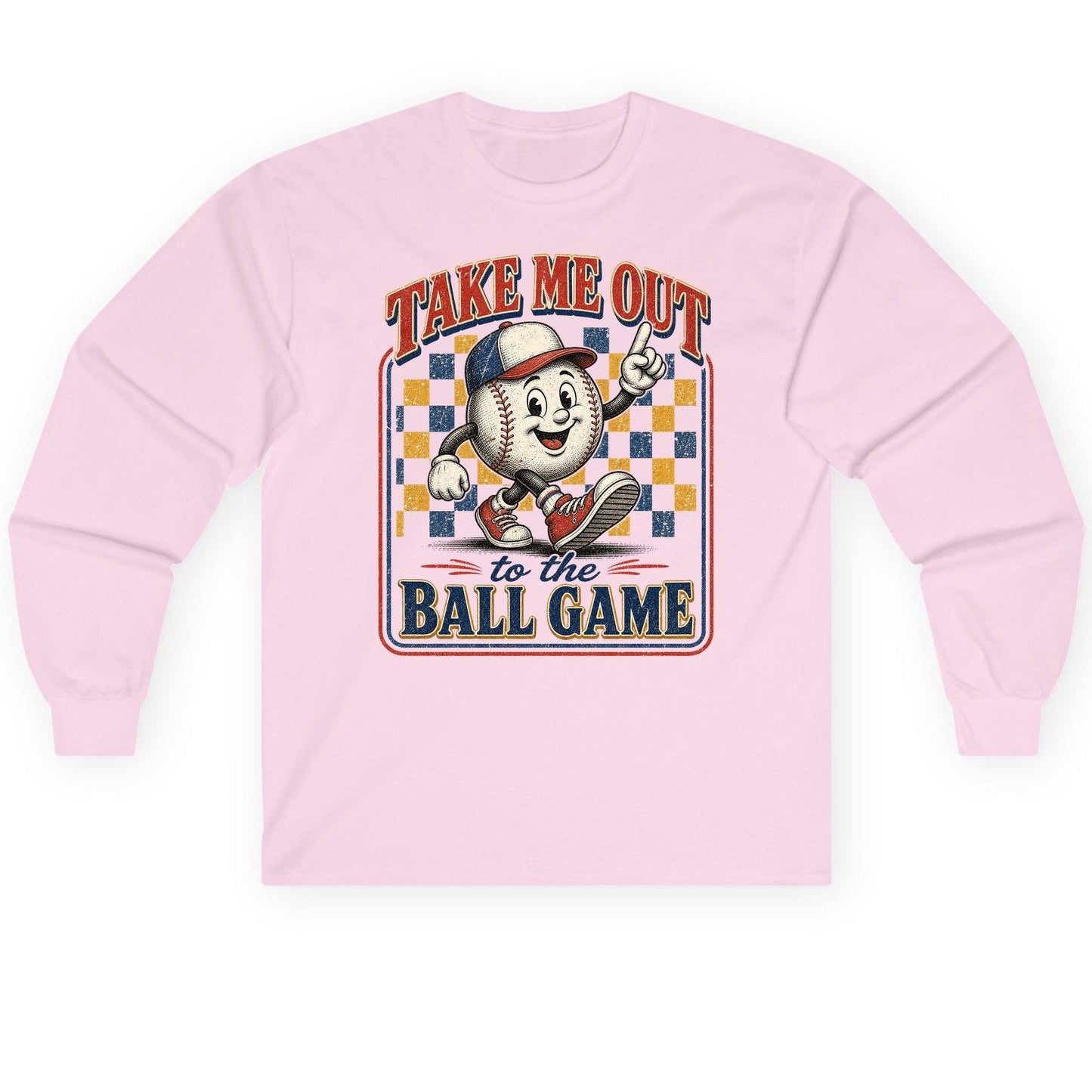 Take Me Out to the Ball Game Retro Baseball Long Sleeve Tee - product mockup - Light Pink