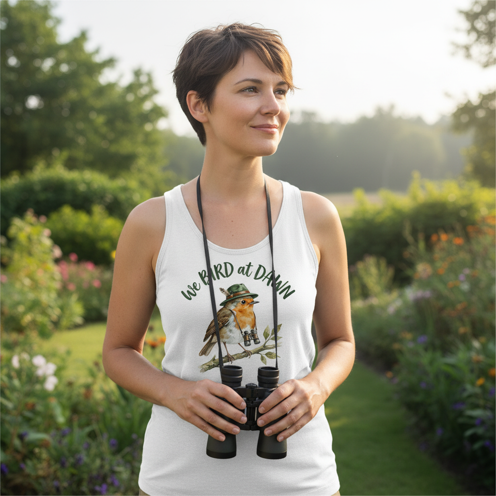 Watercolor Robin Birdwatcher with Hat and Binoculars Tank Top - lifestyle model mockup - White