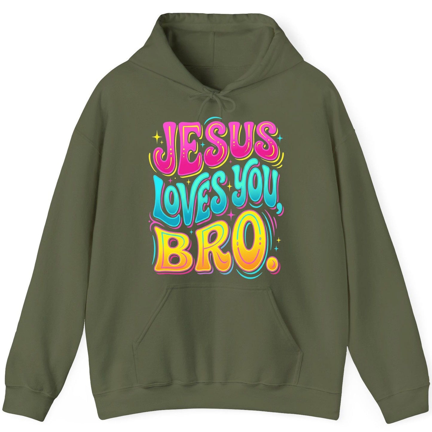 JESUS LOVES YOU BRO Retro Christian Hoodie - product mockup - Military Green