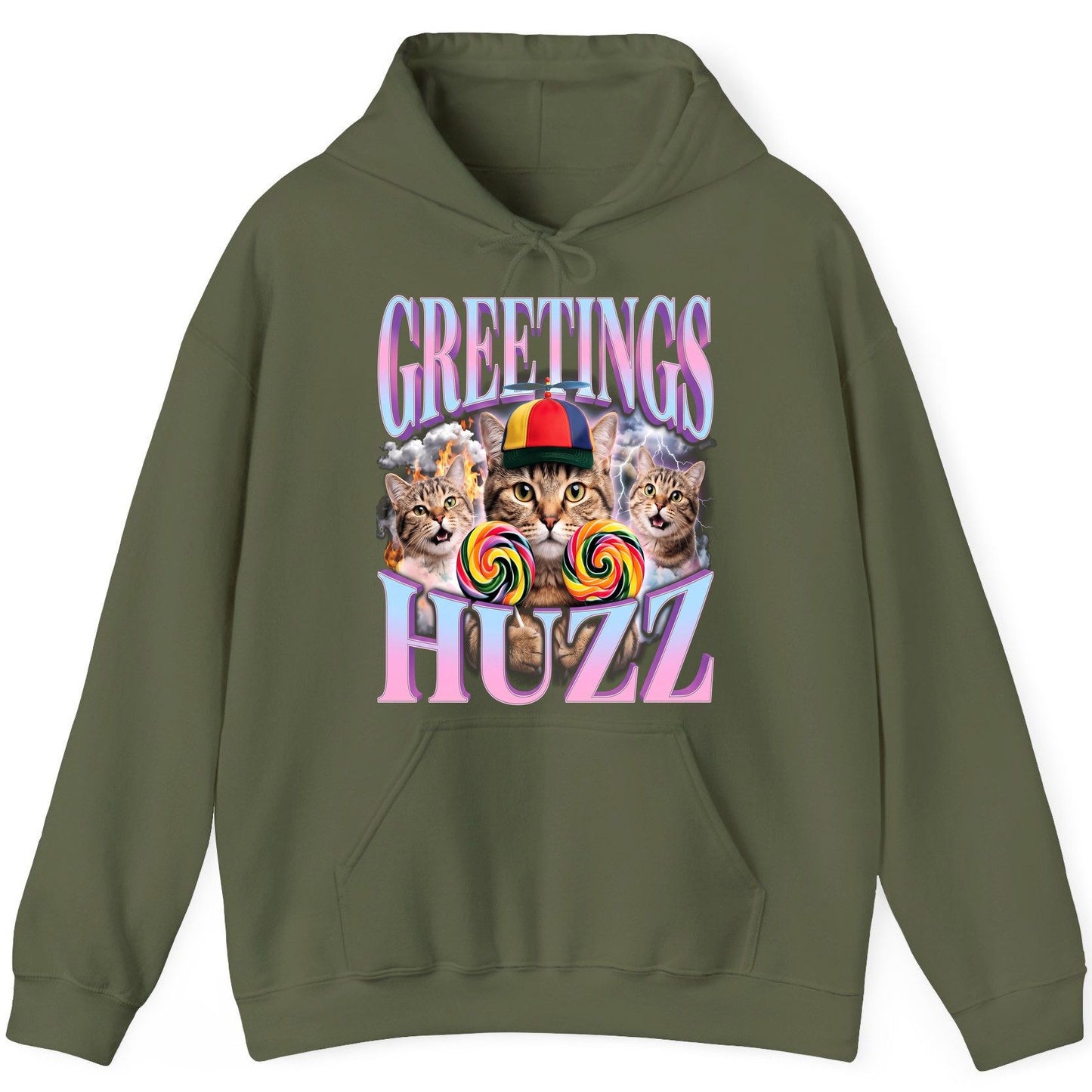 Greetings Huzz Funny Cats Hoodie - product mockup - Military Green
