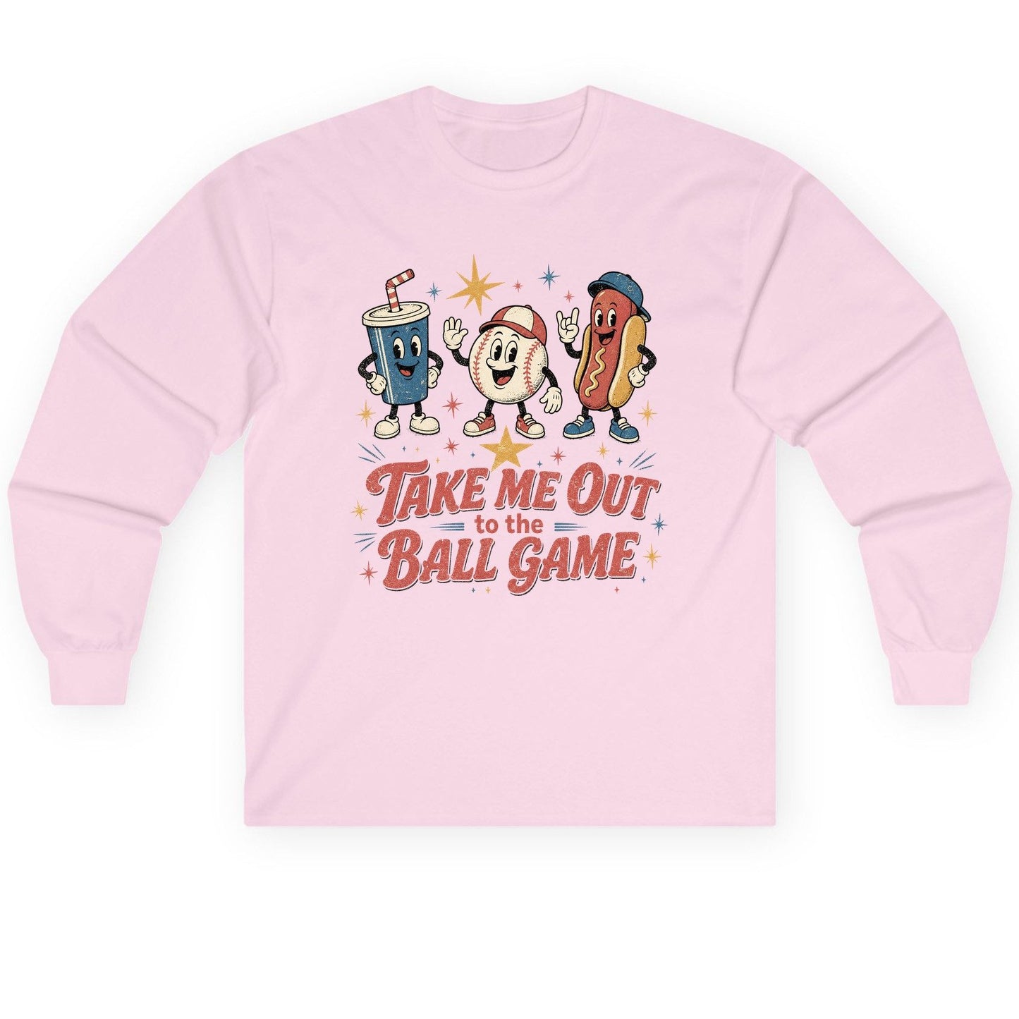 Take Me Out to the Ball Game Retro Baseball Long Sleeve Tee - product mockup - Light Pink