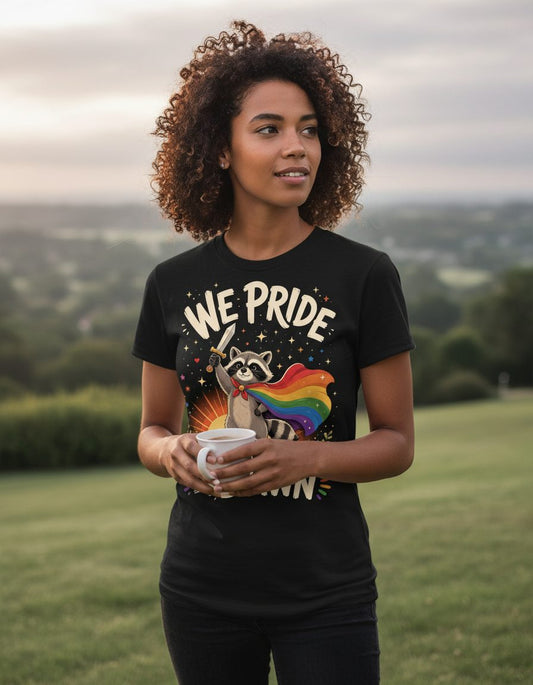 We Pride at Dawn Lgbtq Raccoon T-Shirt - lifestyle model mockup - Black