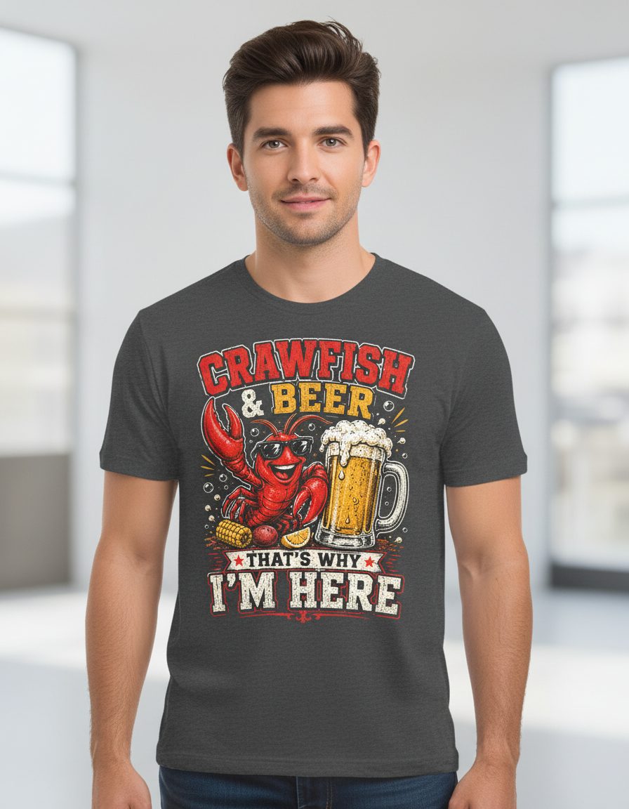 Crawfish & Beer That's Why I'm Here Funny Boil T-Shirt - product mockup - Dark Heather