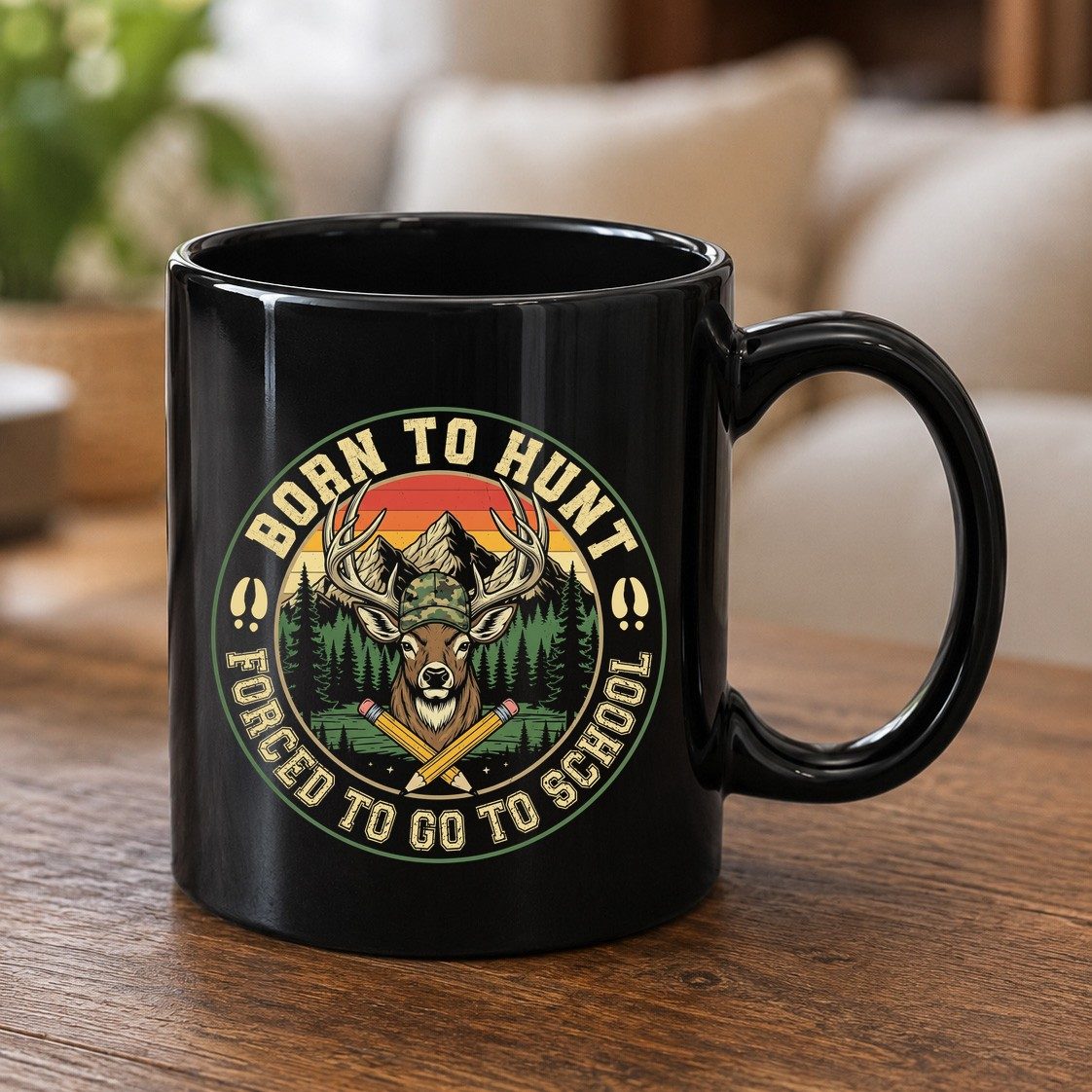 Born to Hunt Forced to Go to School hunting Black Mug Black product mockup