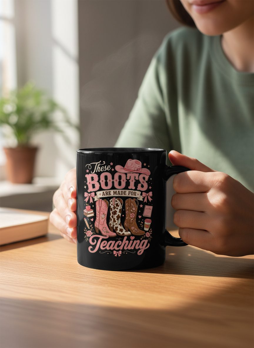 These Boots Are Made for Teaching Teacher Black Mug - lifestyle model mockup - Black