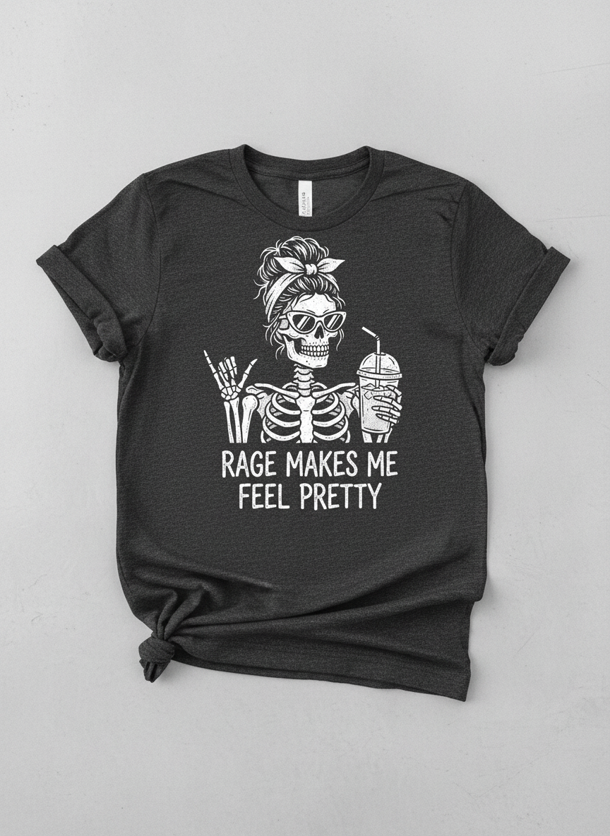 Rage Makes Me Feel Pretty Skeleton Messy Bun T-Shirt - Dark Heather