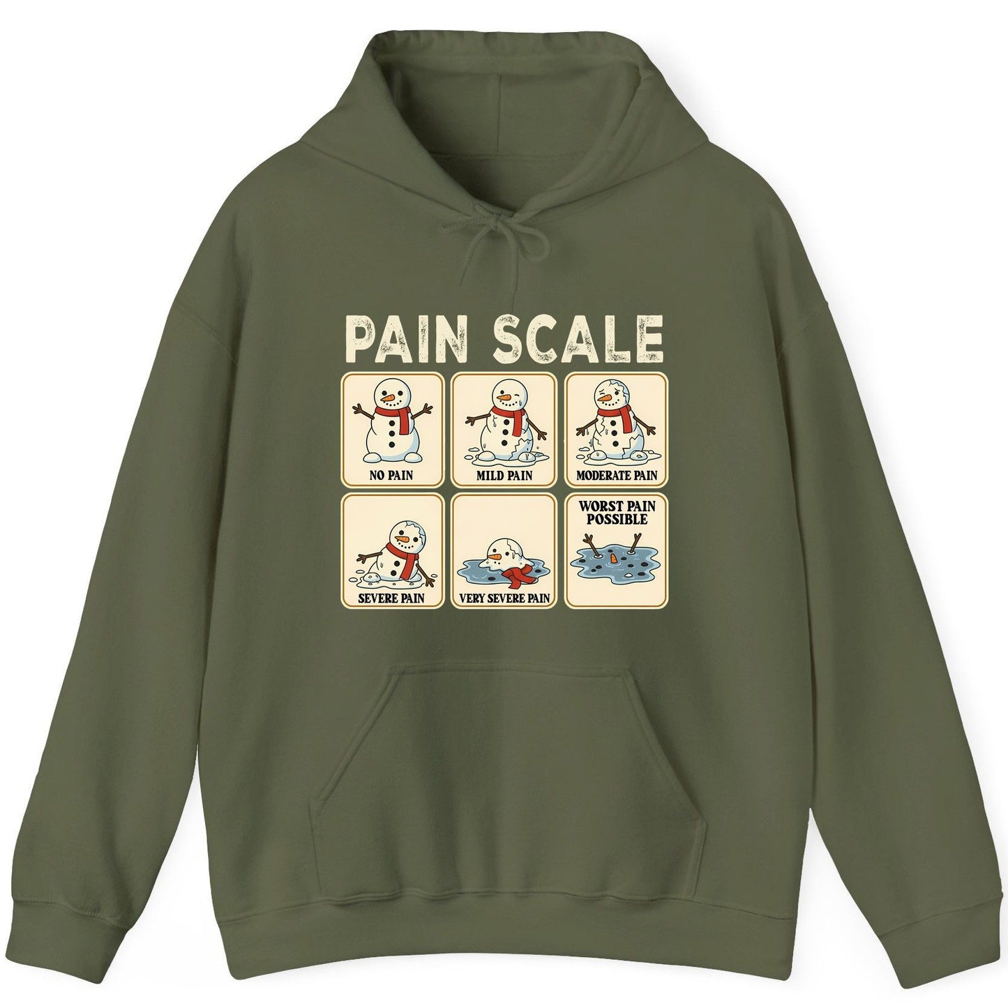 Pain Scale No Pain Mild Pain Moderate Pain Severe Pain Very Severe Pain Worst Pain Possible snowman Hoodie Military Green