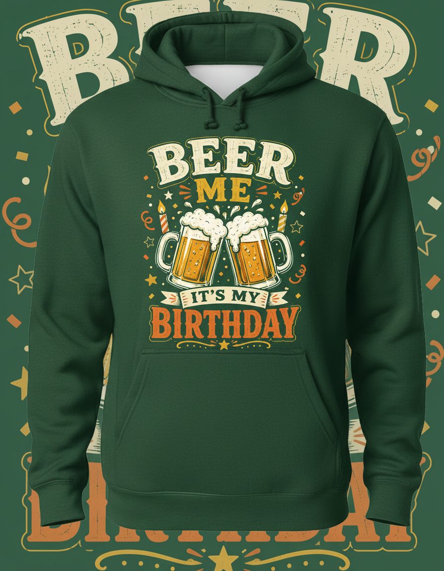 Beer Me It's My Birthday Funny Hoodie - product mockup - Forest Green
