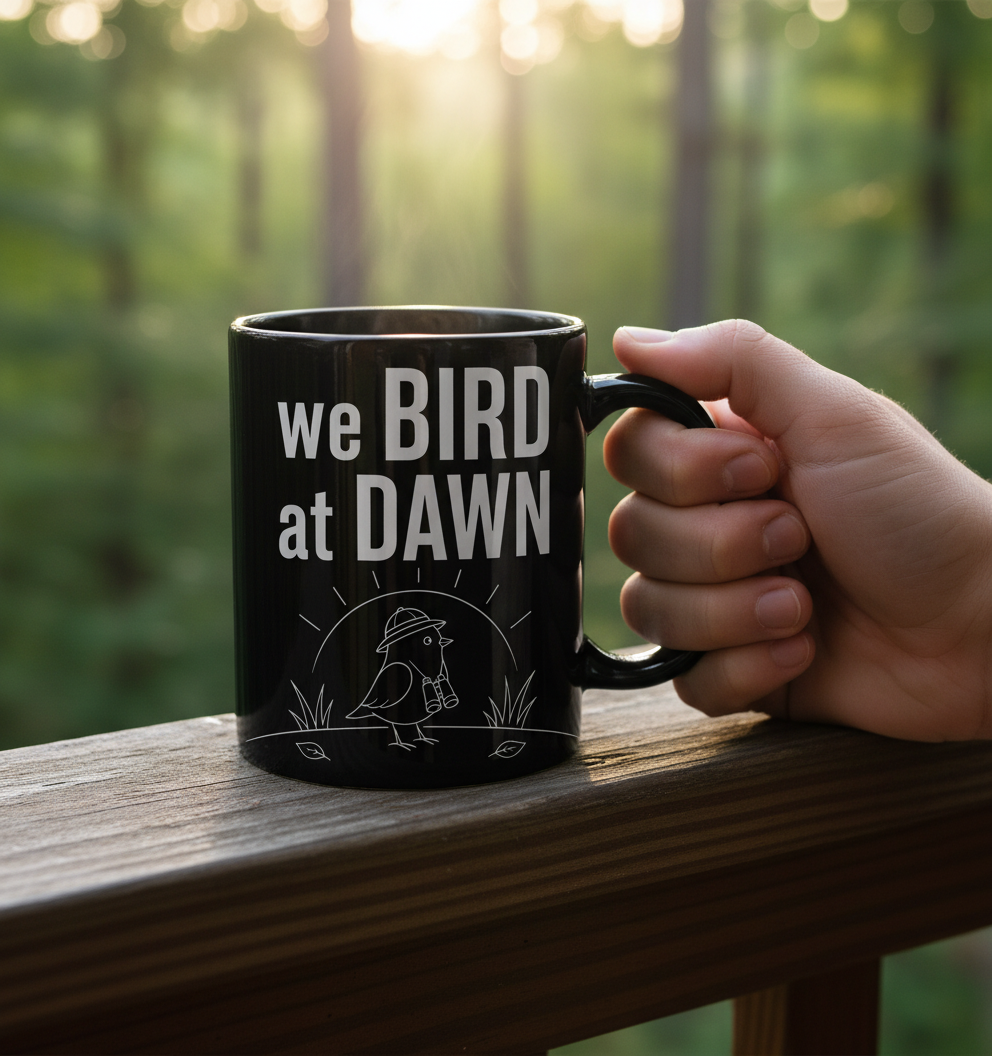 Funny We Bird at Dawn Birdwatching Black Mug - lifestyle model mockup - Black