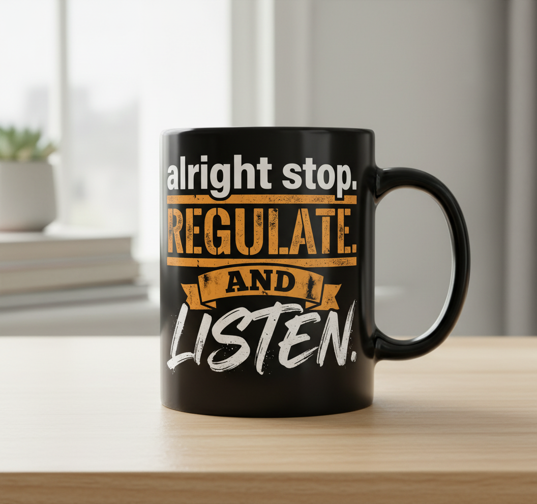 Alright Stop Regulate And Listen Funny Parody Quote Black Mug - Black