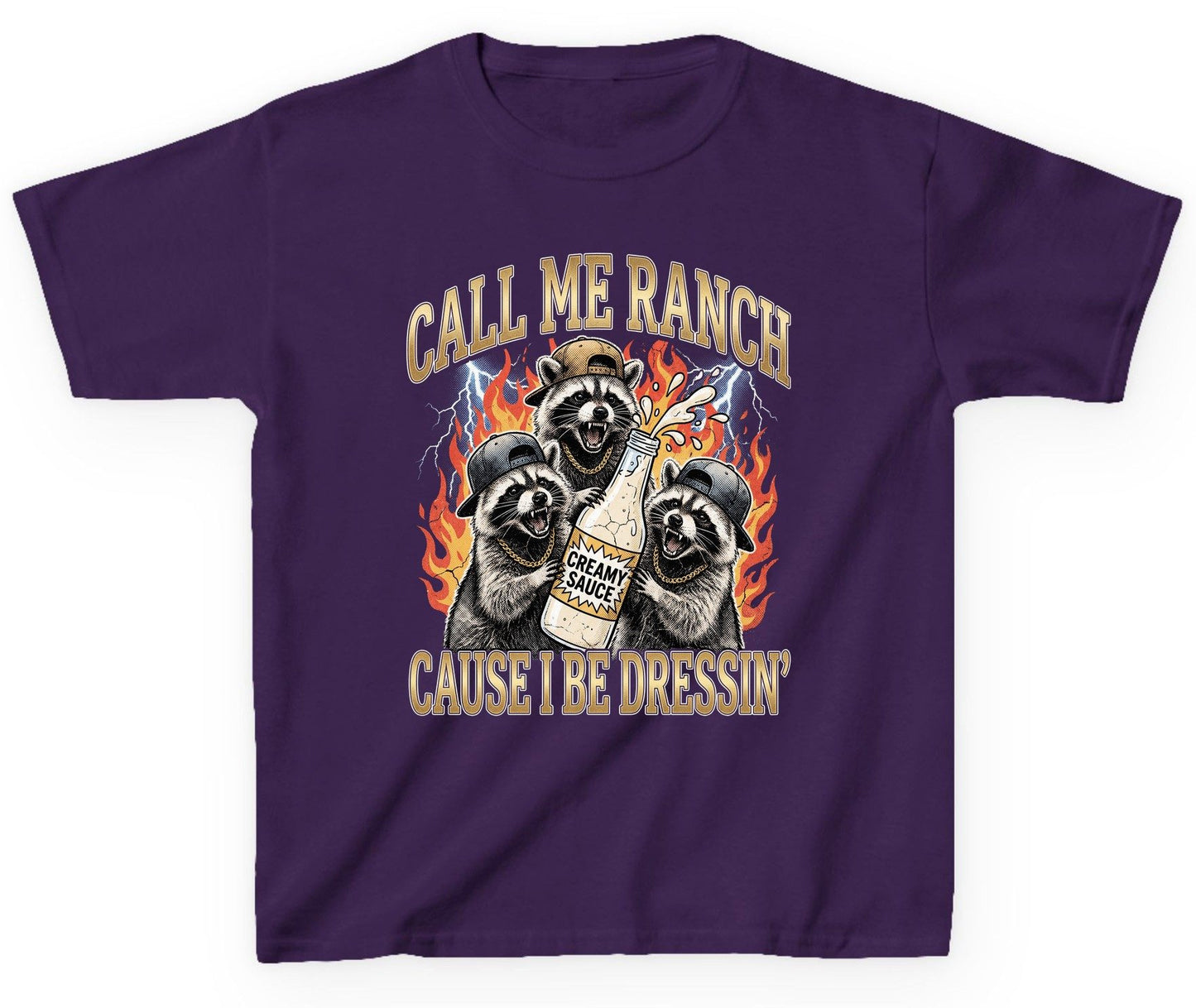 Call Me Ranch Cause I Be Dressin' raccoons Youth T-Shirt Purple product mockup