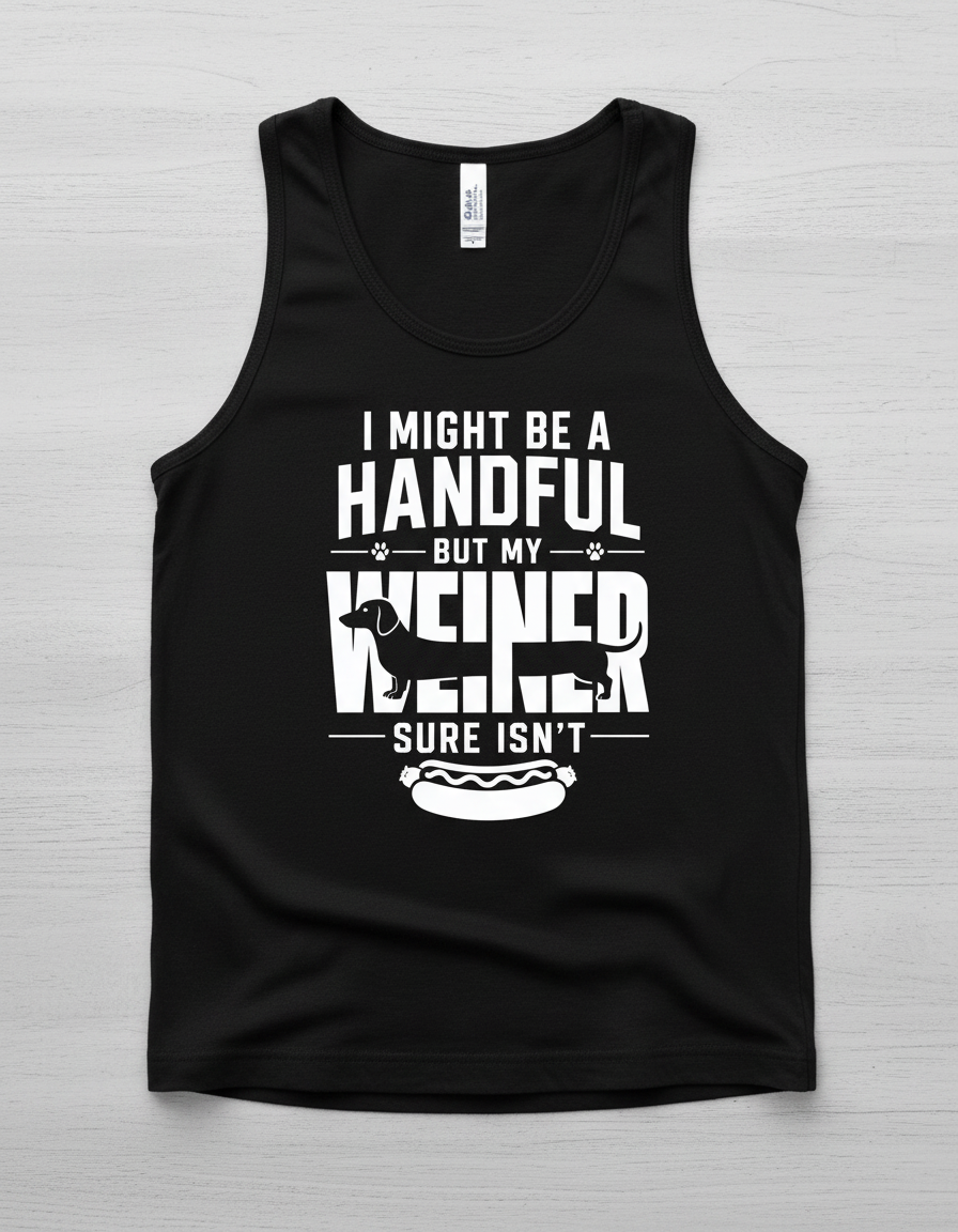 Funny Dachshund Wiener Dog Pun 'I Might Be A Handful' Tank Top - Black