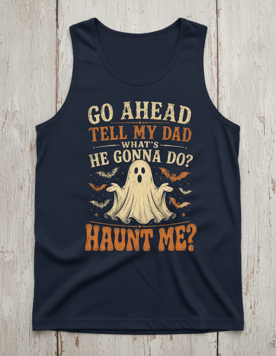 GO AHEAD TELL MY DAD WHAT'S HE GONNA DO HAUNT ME Tank Top - product mockup - Navy