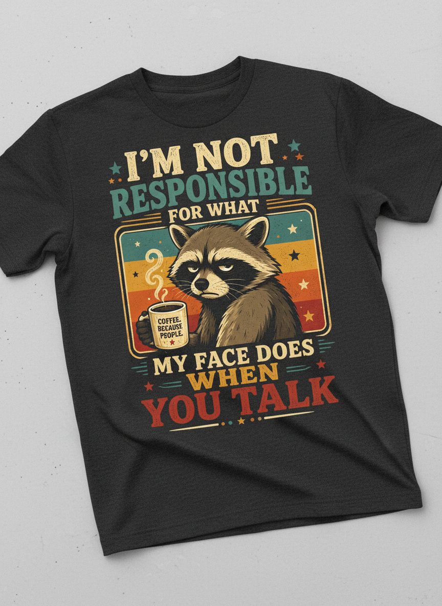 I'm Not Responsible for What My Face Does When You Talk Funny Sarcastic Raccoon T-Shirt - product mockup - Dark Heather