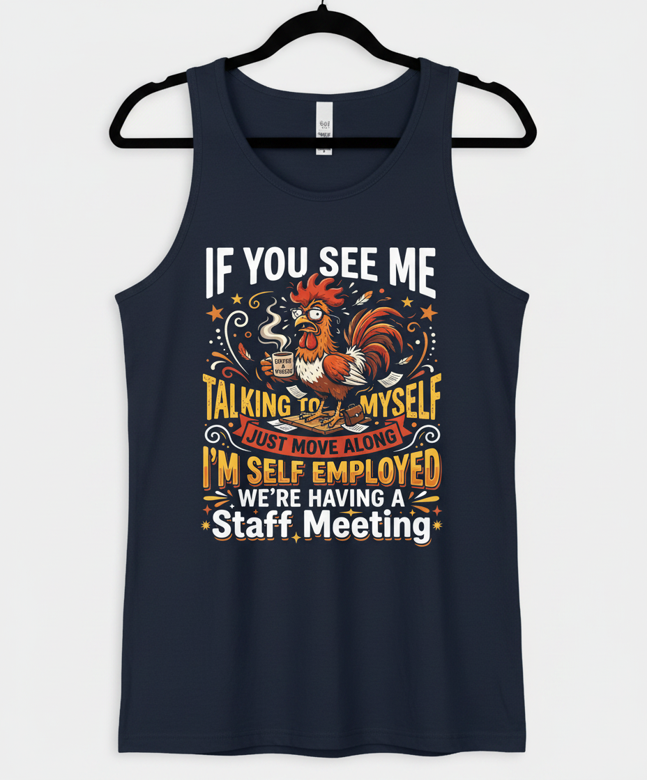 Funny Self-Employed Staff Meeting Rooster Design Tank Top - Navy