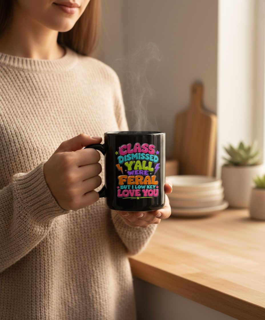 Class Dismissed Y'all Were Feral but I Low Key Love You Black Mug - lifestyle model mockup - Black