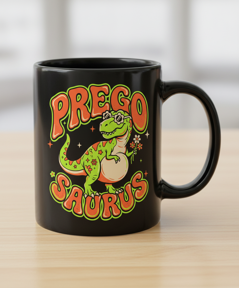 Prego Saurus Retro Pregnant Dinosaur Black Mug - Black