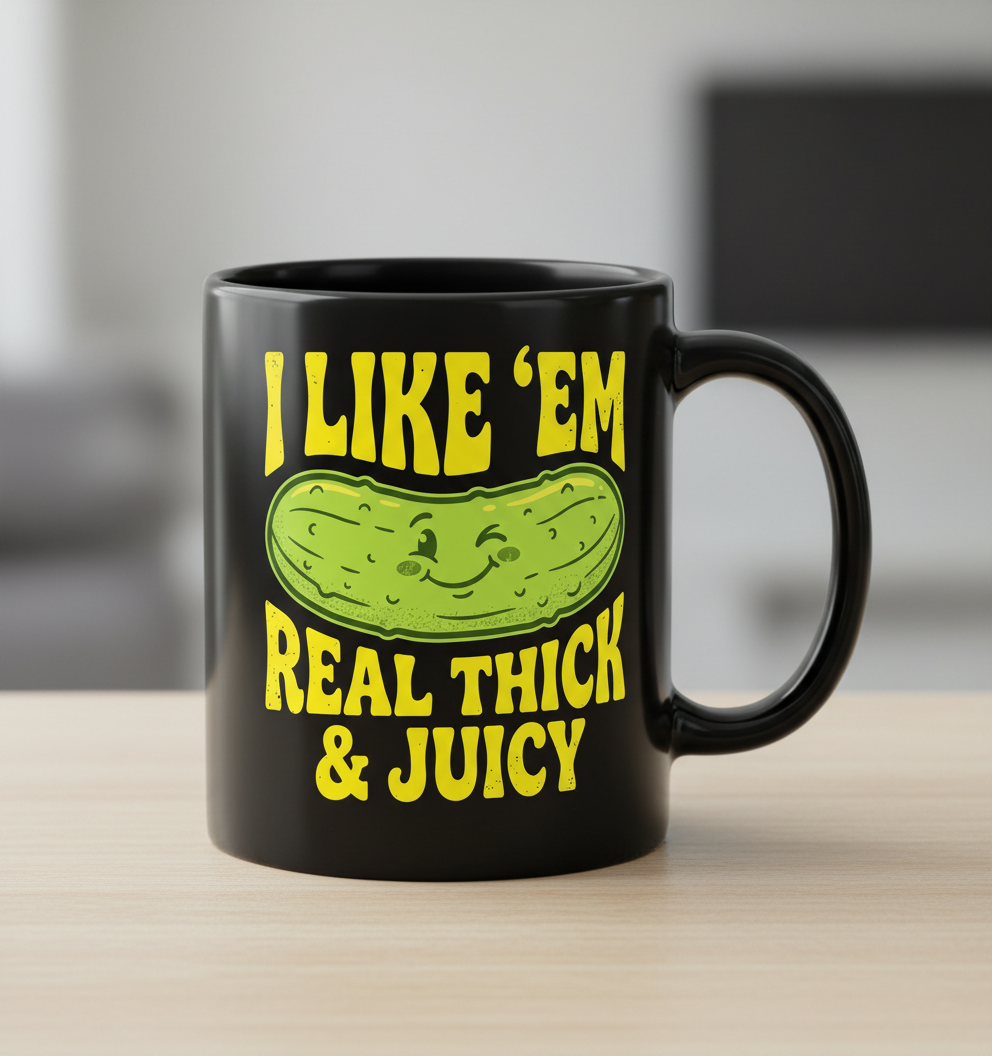 I Like 'Em Real Thick & Juicy Pickle Funny Food Pun Black Mug - Black