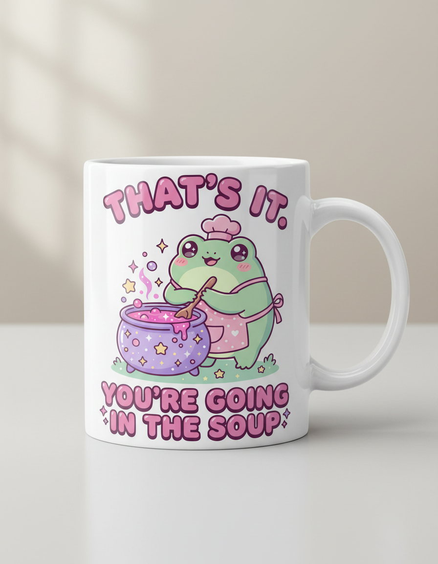 Kawaii Frog Chef "You're Going In The Soup" Funny Meme Design White Mug - White