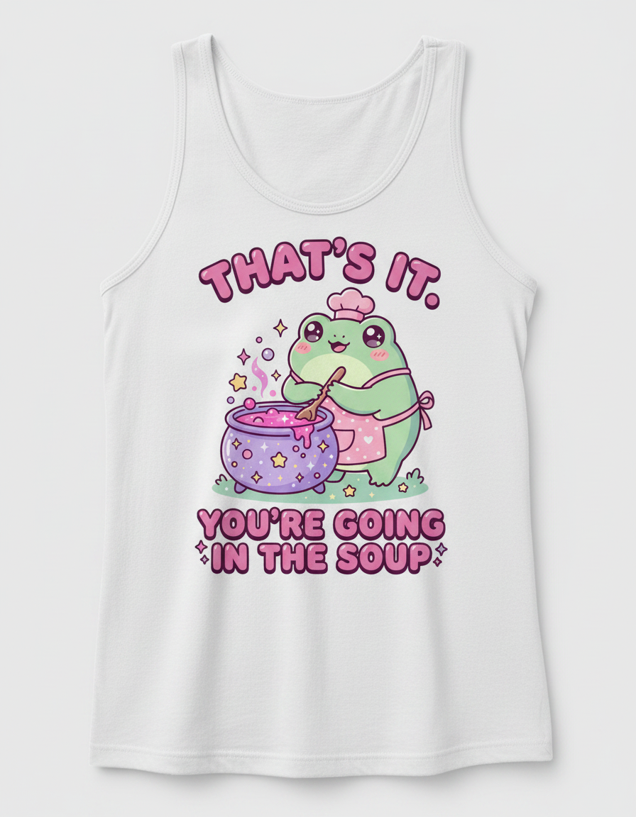 Kawaii Frog Chef "You're Going In The Soup" Funny Meme Design Tank Top - White