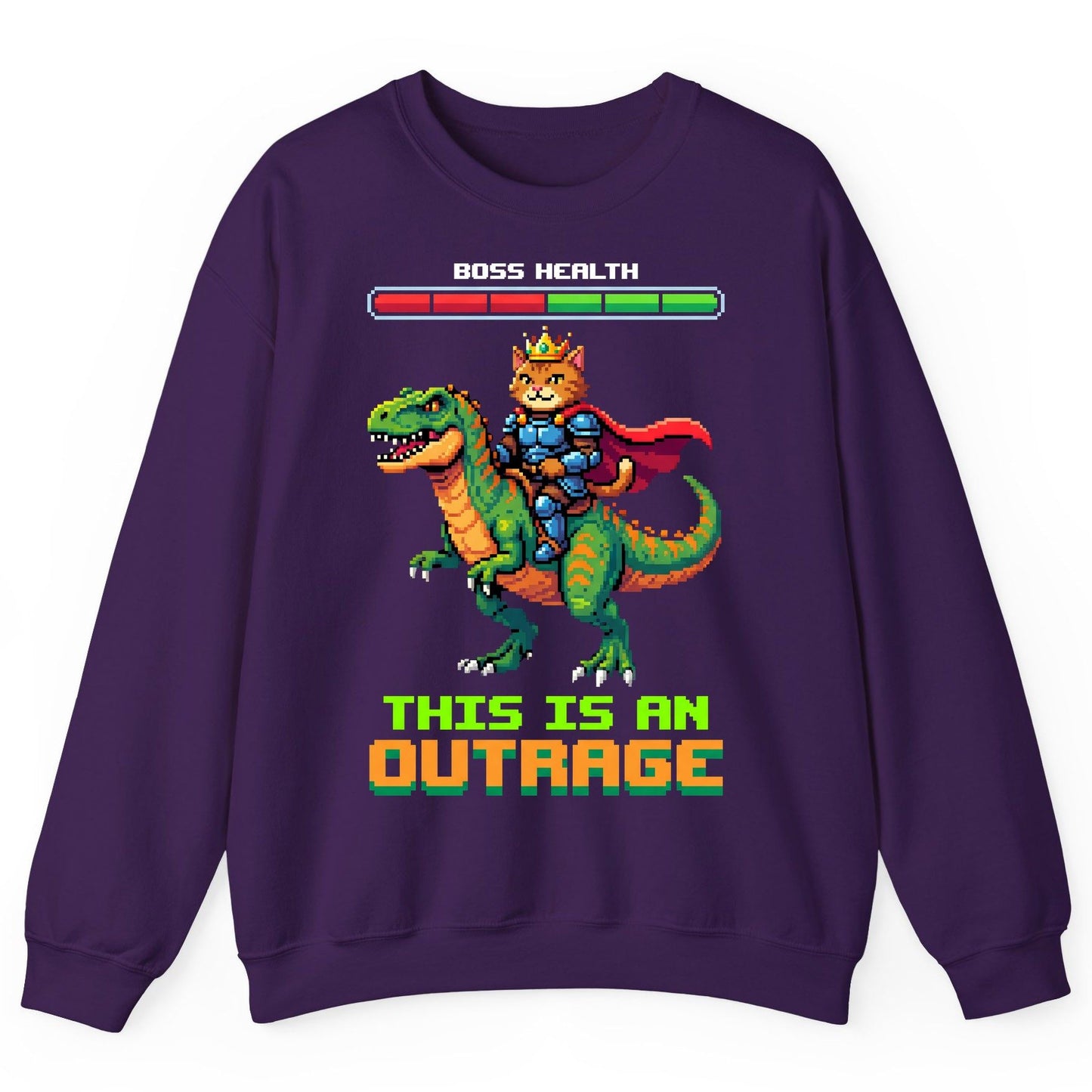 THIS IS AN OUTRAGE Cat riding a dinosaur Sweatshirt Purple product mockup