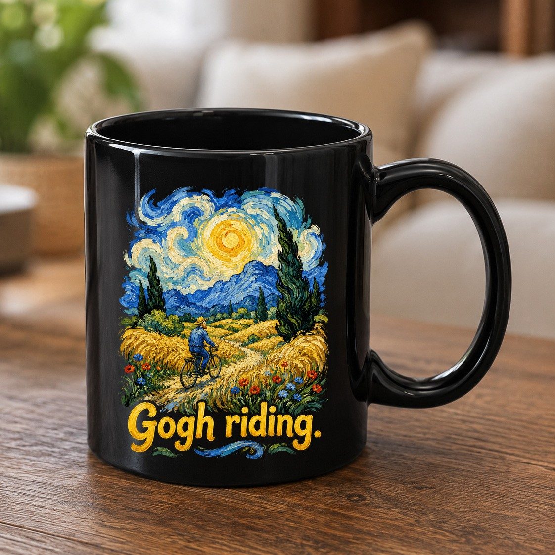 Gogh Riding van gogh art parody Black Mug Black product mockup