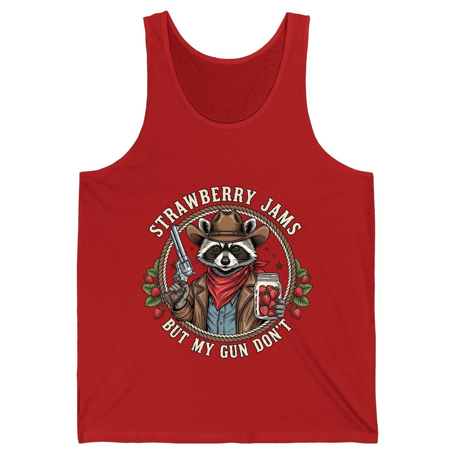 Strawberry Jams but My Gun Don't cowboy raccoon Tank Top Red product mockup