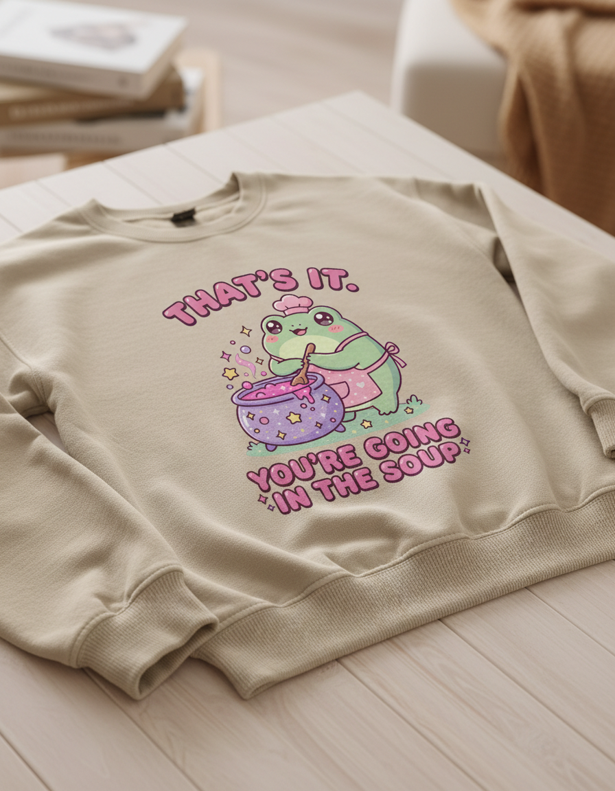 Kawaii Frog Chef "You're Going In The Soup" Funny Meme Design Sweatshirt - Sand
