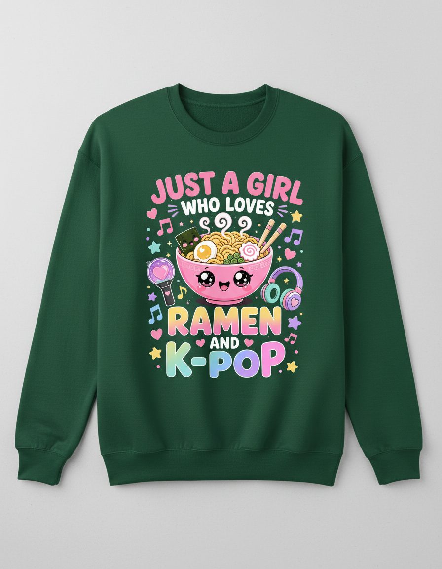 Just a Girl Who Loves Ramen and K-Pop K-Pop Fans Sweatshirt - product mockup - Forest Green