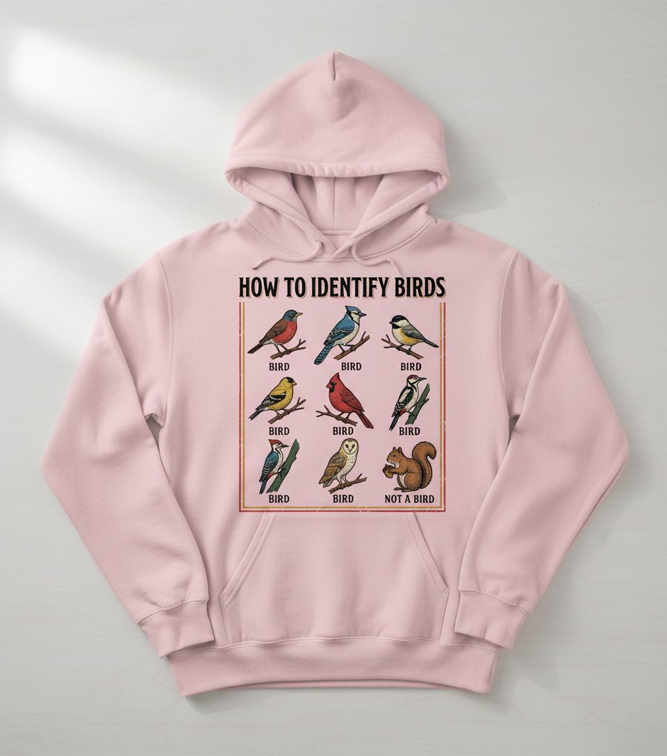 How to Identify Birds Funny Birdwatching Hoodie - product mockup - Light Pink