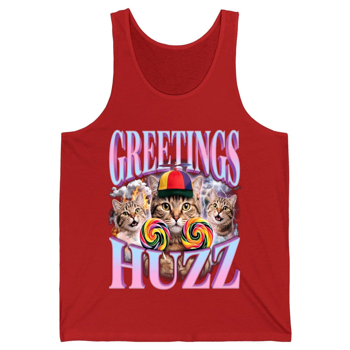 Greetings Huzz Funny Cats Tank Top - product mockup - Red