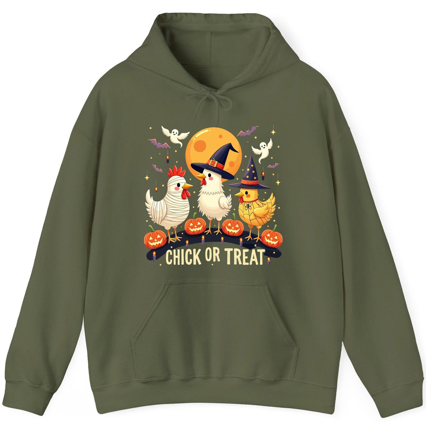 Chick or Treat Halloween chickens Hoodie Military Green product mockup