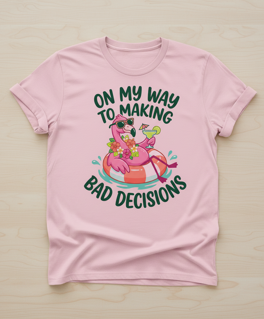 On My Way To Making Bad Decisions Funny Flamingo T-Shirt - Light Pink