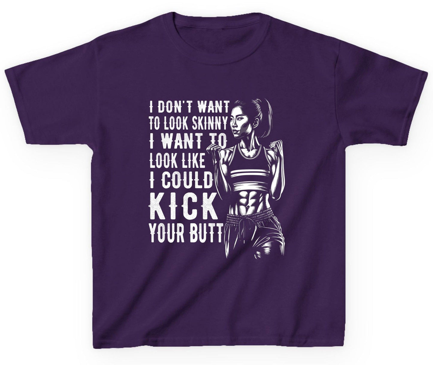 I Don't Want to Look Skinny I Want to Look Like I Could Kick Your Butt women's fitness Youth T-Shirt Purple product mockup