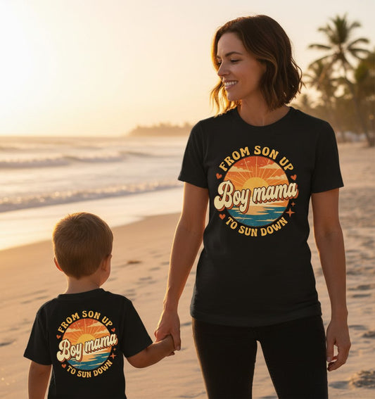 From Son Up to Sun Down Boy Mama Retro Mothers of Sons T-Shirt - lifestyle model mockup - Black