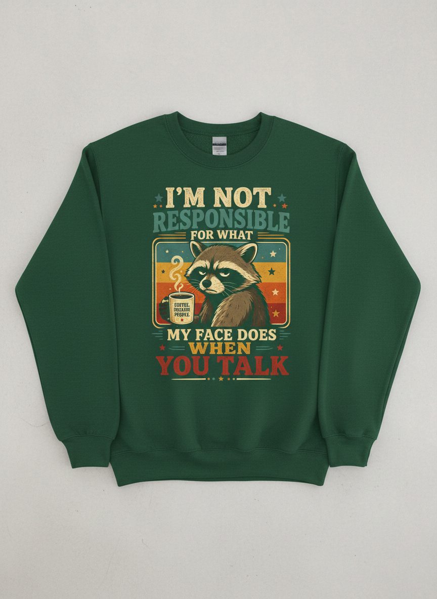I'm Not Responsible for What My Face Does When You Talk Funny Sarcastic Raccoon Sweatshirt - product mockup - Forest Green