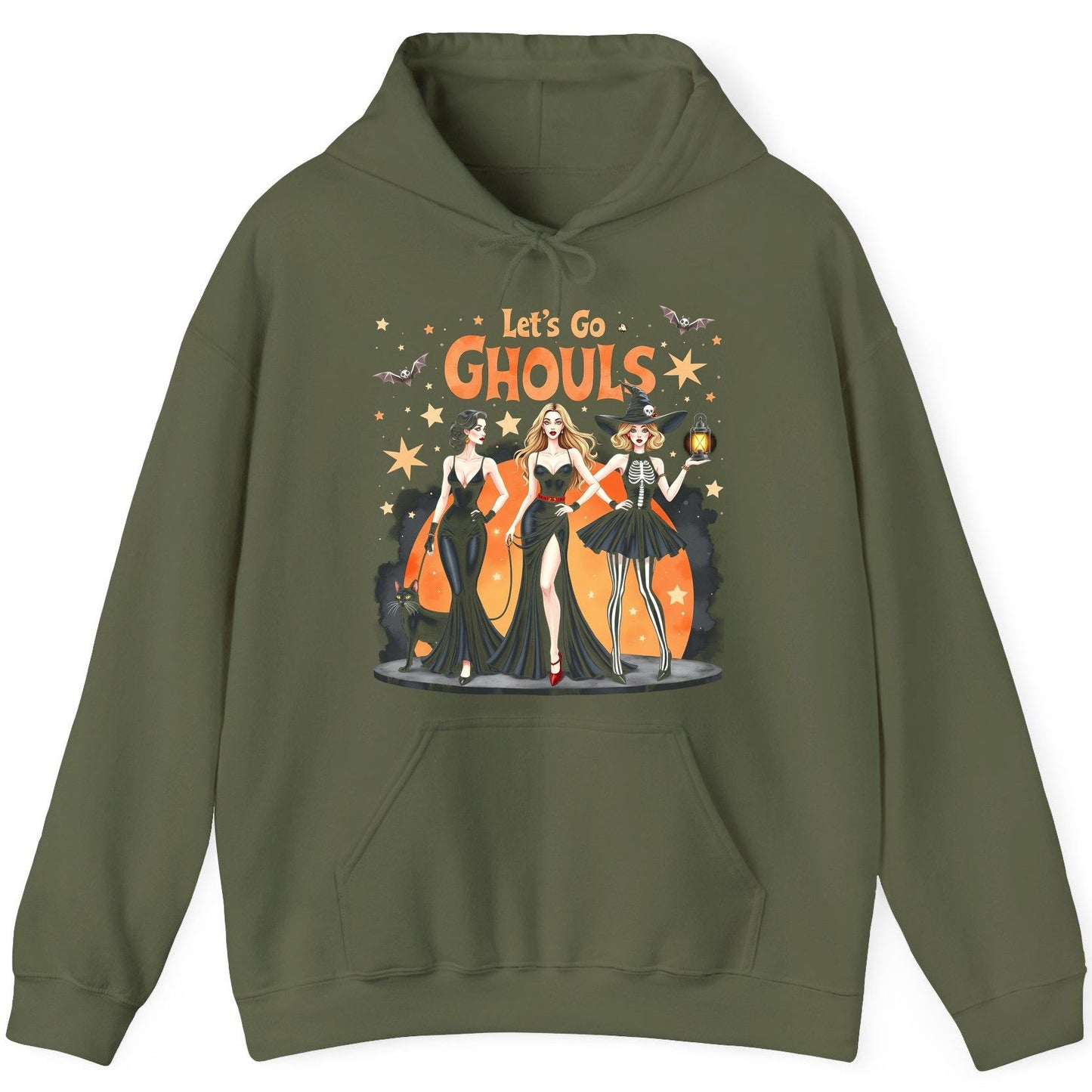 Let's Go Ghouls Halloween women Hoodie Military Green product mockup
