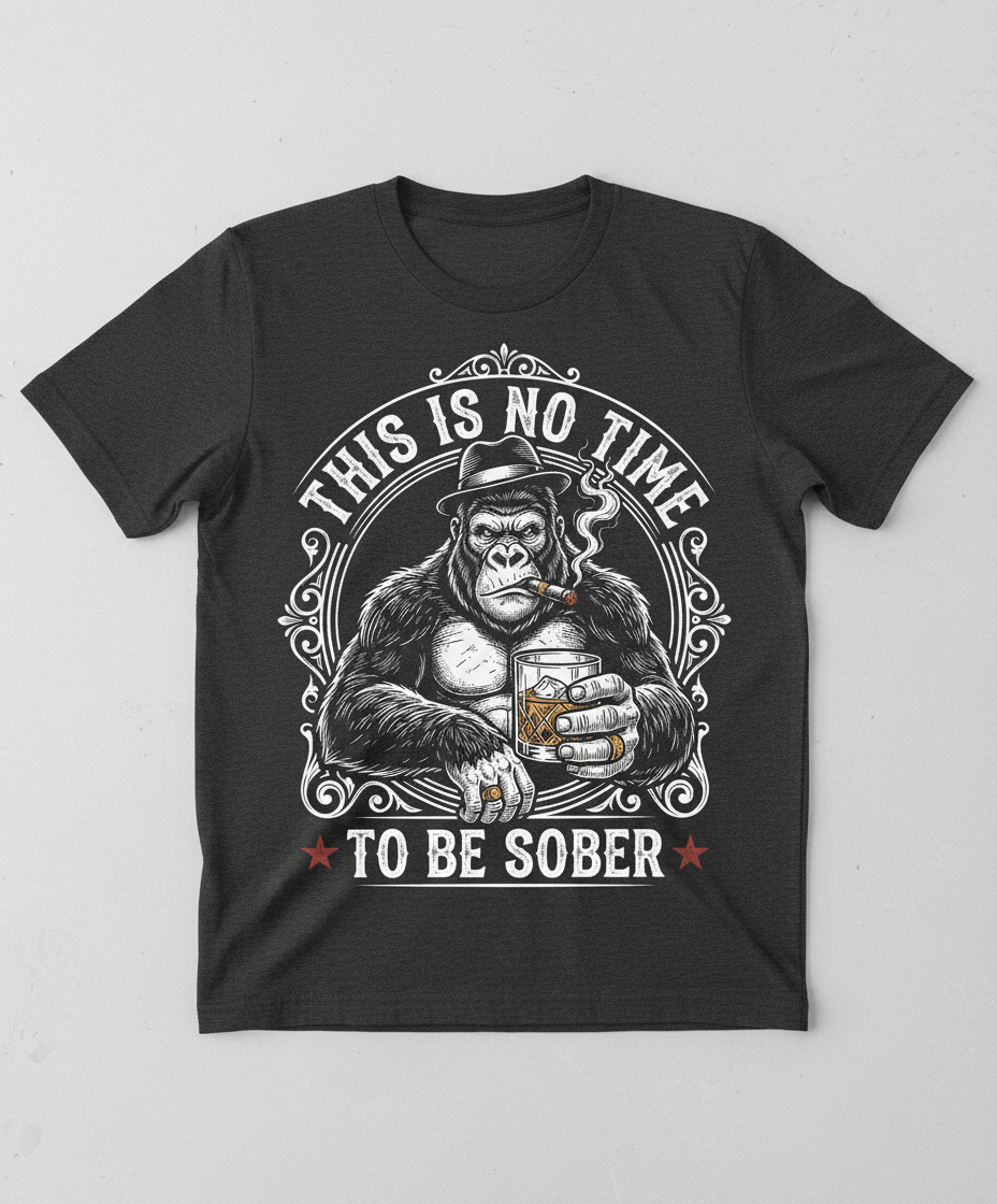 Gorilla Smoking Cigar Drinking Whiskey - This Is No Time To Be Sober T-Shirt - Dark Heather