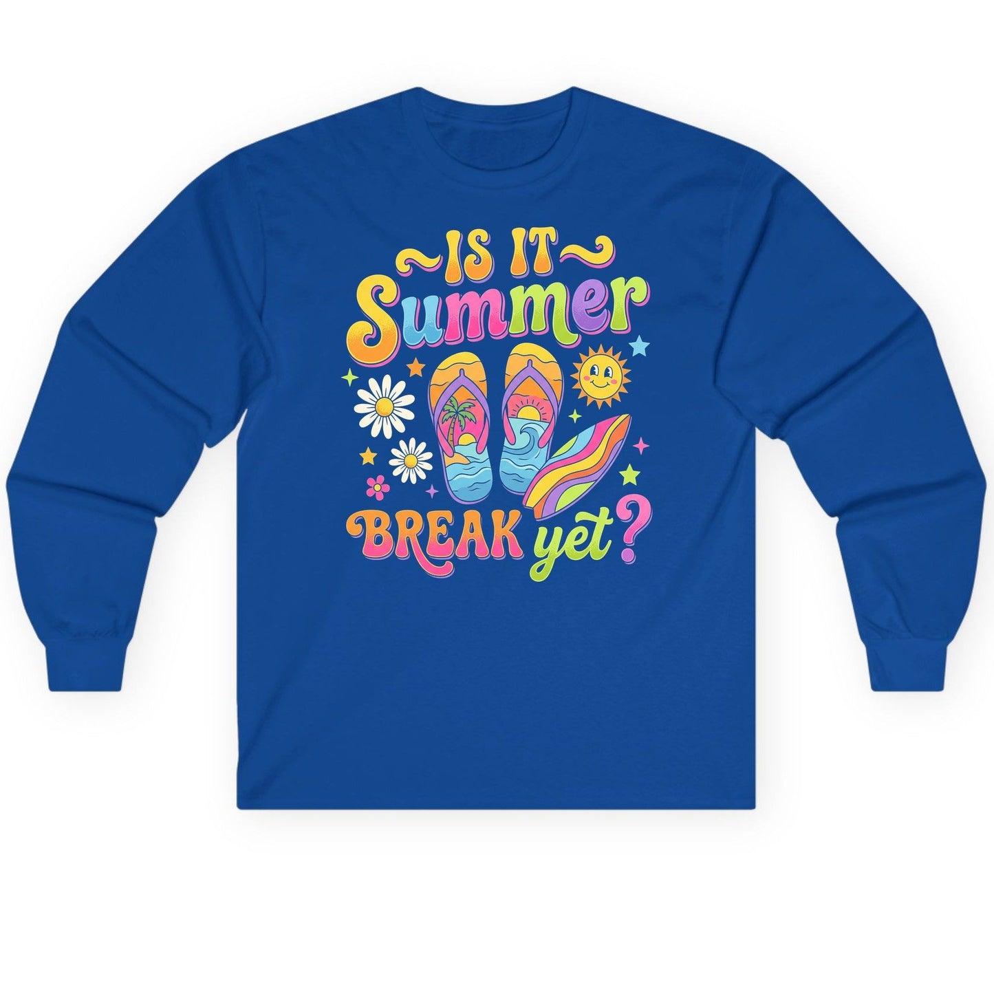 Is It Summer Break Yet Retro Vacation Long Sleeve Tee - product mockup - Royal