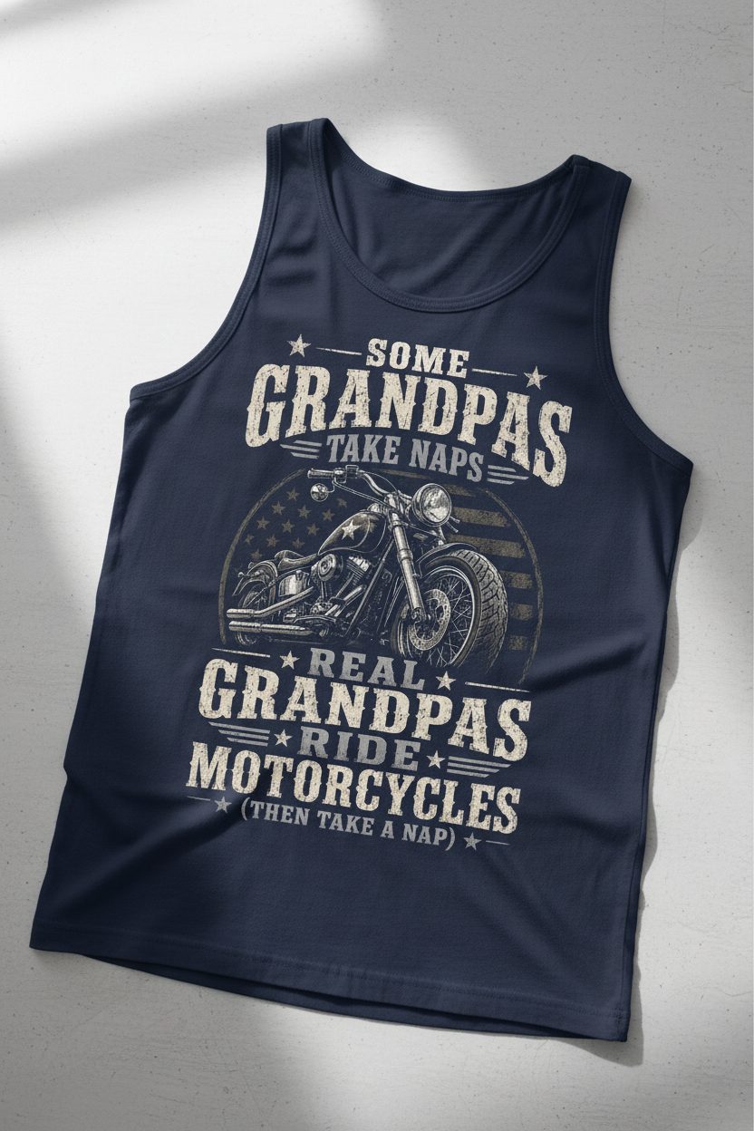 Some Grandpas Take Naps Real Grandpas Ride Motorcycles (then Take a Nap) Funny Detailed Illustration of Classic Motorcycle with Distressed Texture in the Background Is Subtle Weathered American Flag Pattern Stars and Stripes Tank Top - product mockup - Navy