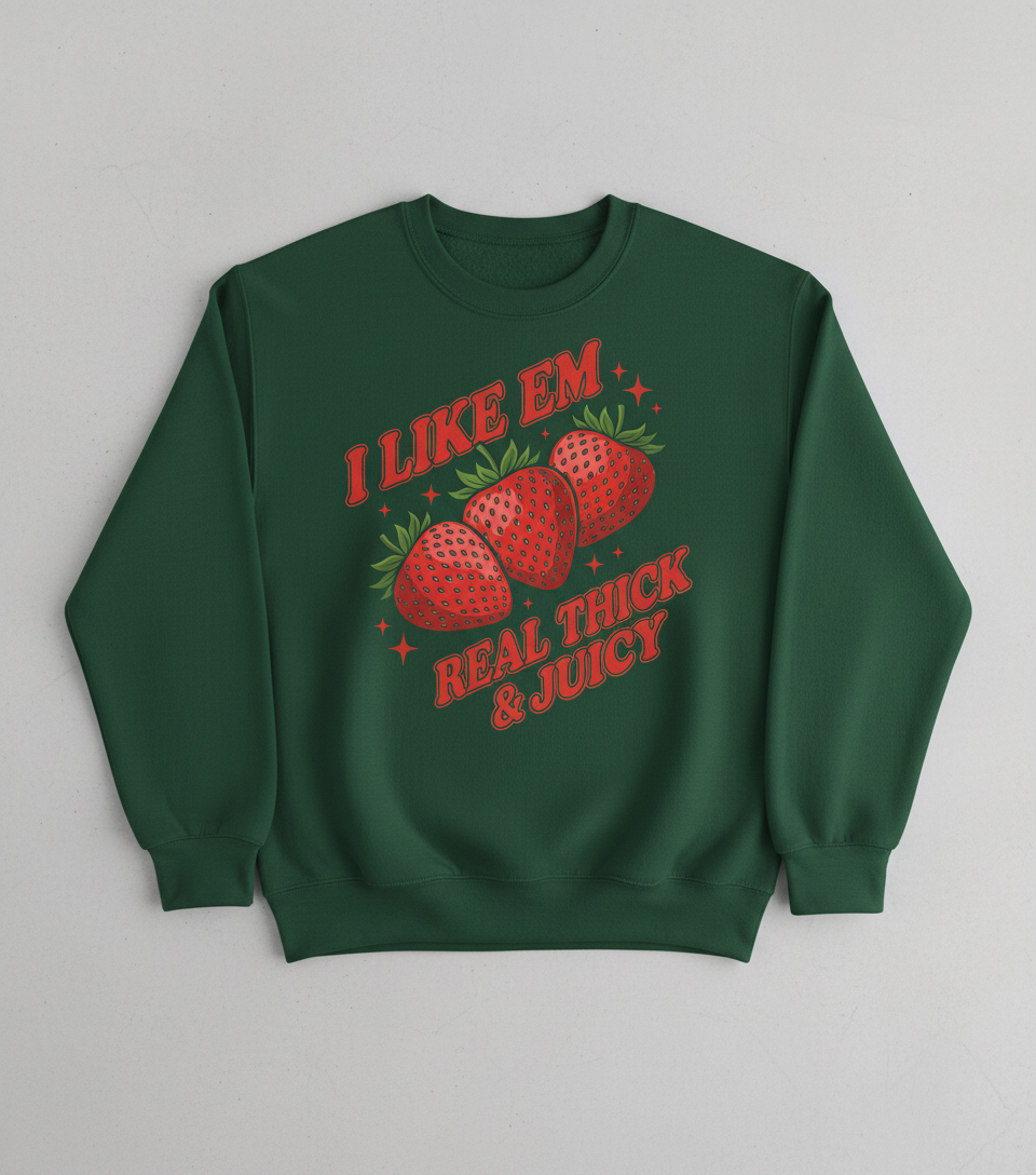 I Like Em Real Thick & Juicy Strawberries Funny Retro Design Sweatshirt - Forest Green