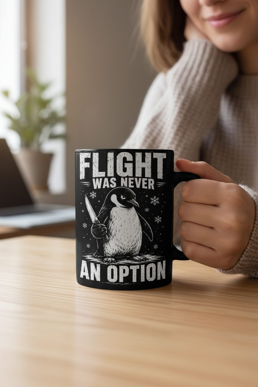 Flight Was Never an Option Funny Penguin Black Mug - lifestyle model mockup - Black